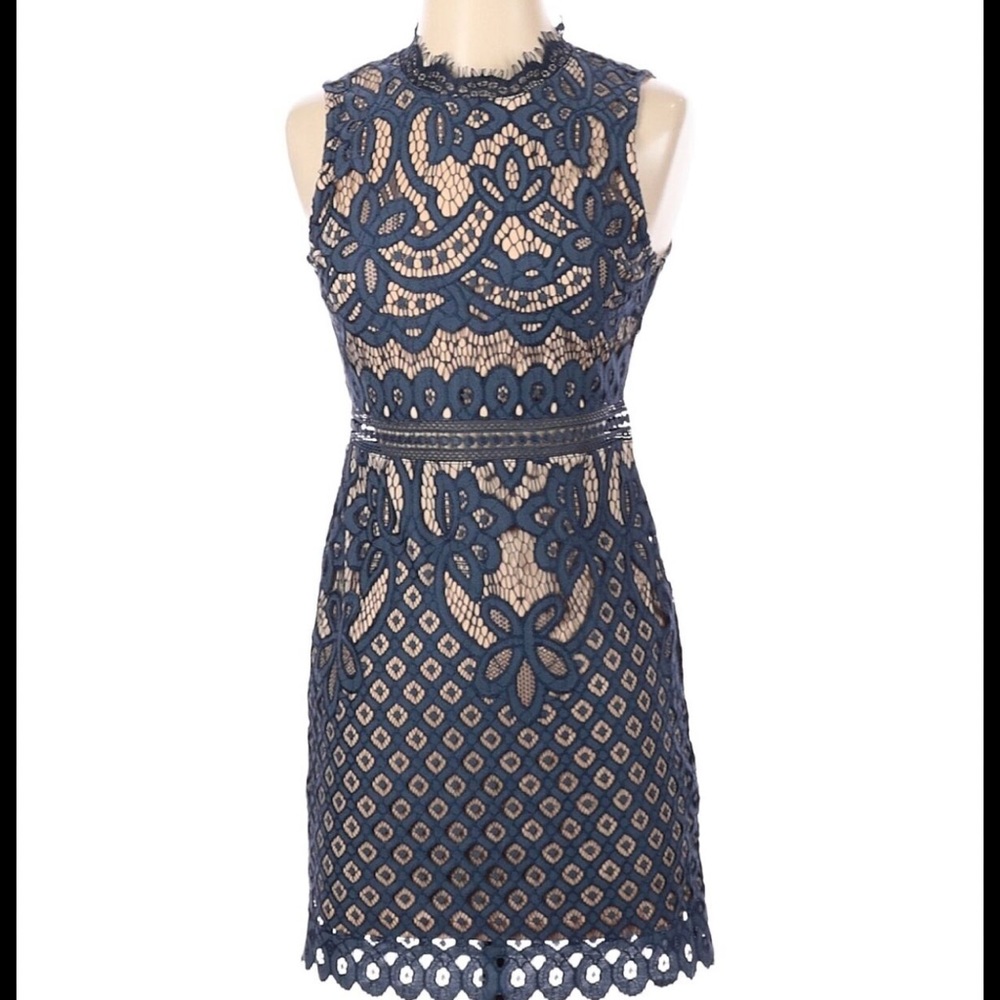Navy and nude underlay sheath lace dress